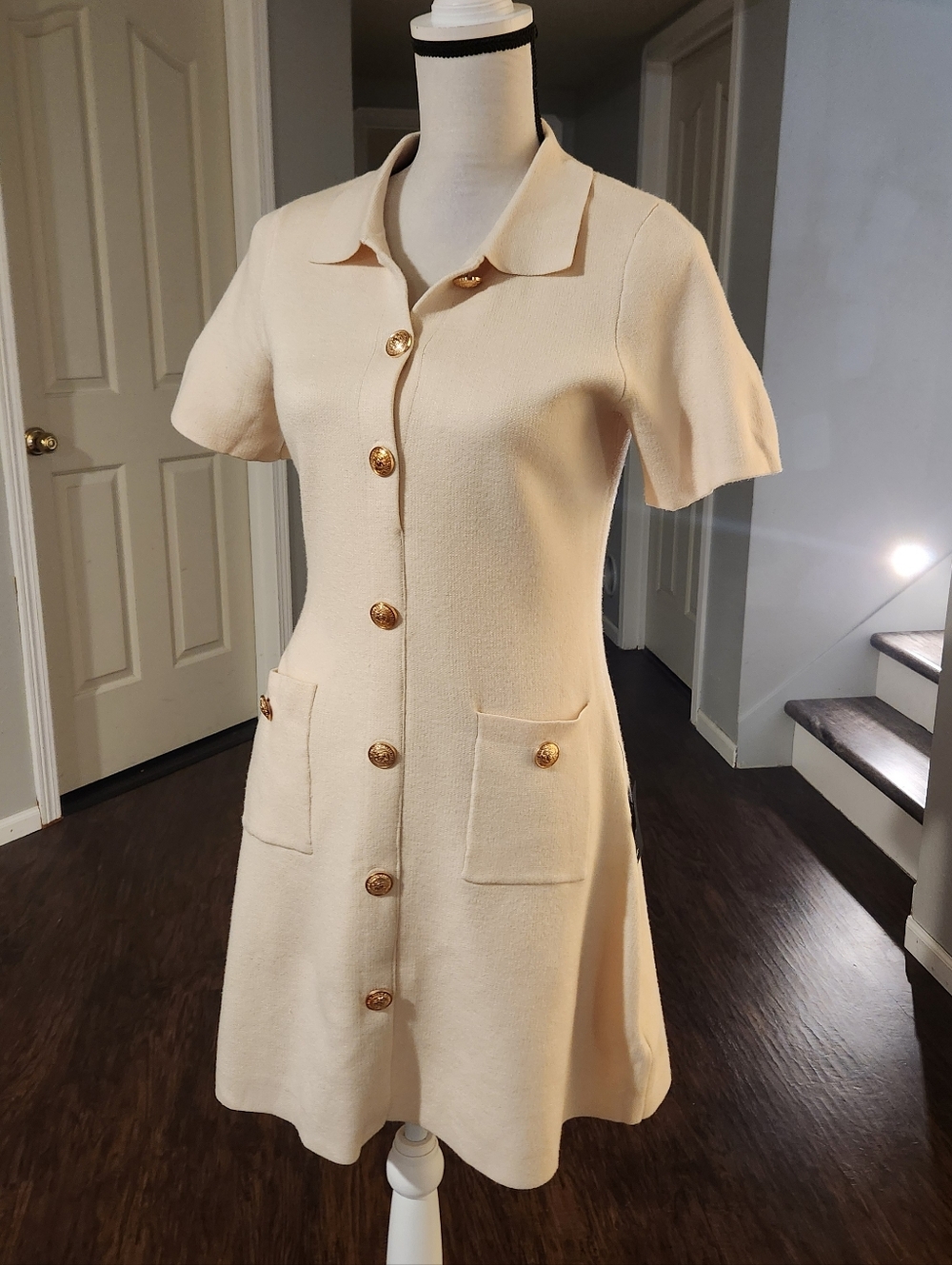 NWT Lulus Cream Quiet Luxury Capsule Gold Button Pocket Knit Collar Dress - Picture 5 of 9
